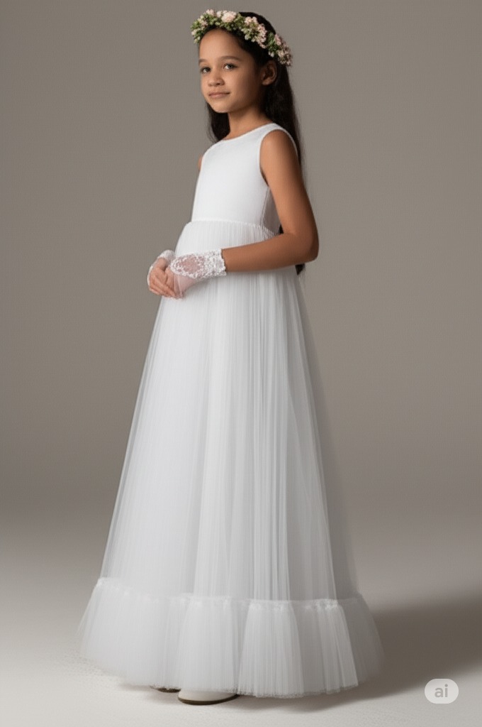 a young girl in a white dress with a flower crown