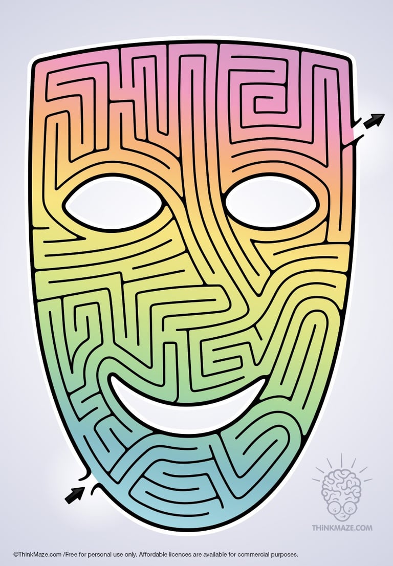 Colorful mask maze for kids; free printable maze for events or commercial use in publications.