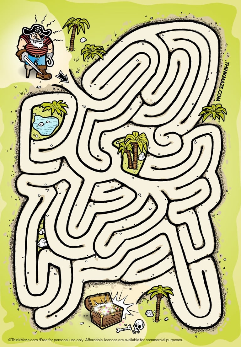 Pirate treasure hunt maze for kids; free printable maze for events and commercial publishing.