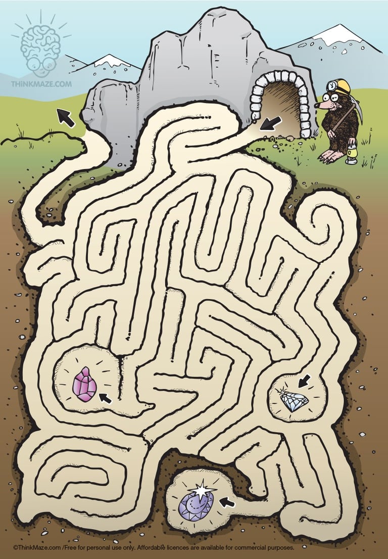 Mole miner maze with crystals; a crisp printable logic puzzle for kids and commercial publications.