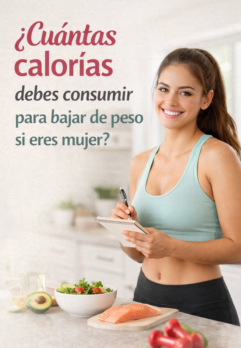 Mujer joven calculando sus calorías diarias para bajar de peso con alimentos saludables en la cocina