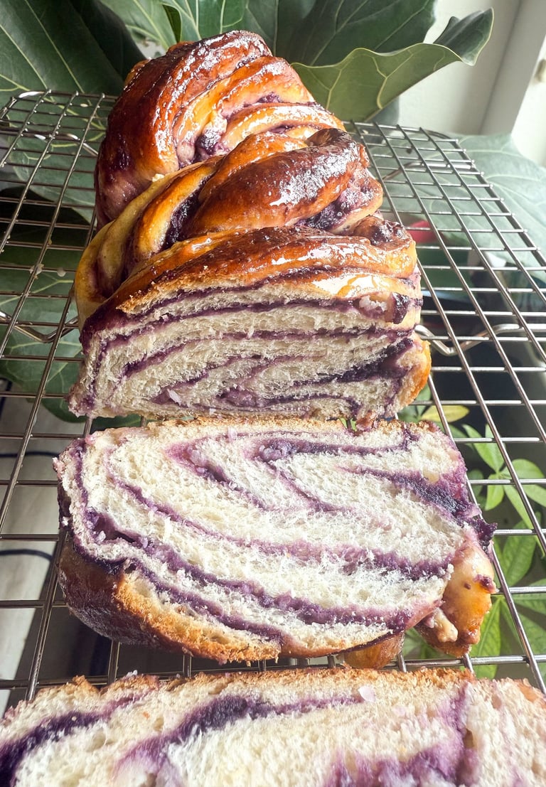 ube coconut milk bread babka sliced
