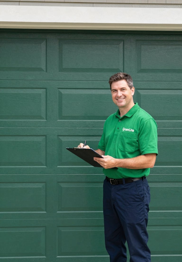 A GreenLine Garage Door's Repairs Team technician in a clean uniform, smiling while handing a clipboard to a homeowner in front of a residential garage door, clean green and charcoal tones, bright natural daylight, sharp focus, 35mm.
