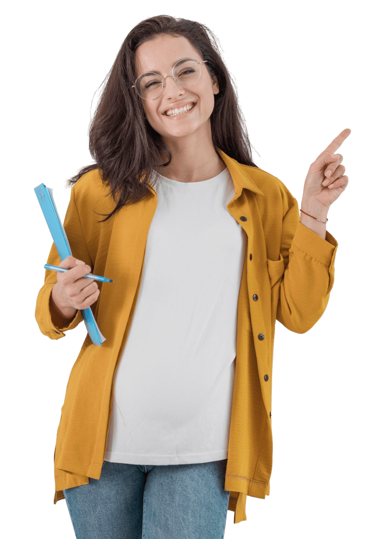 Estudiante con carpeta señalando