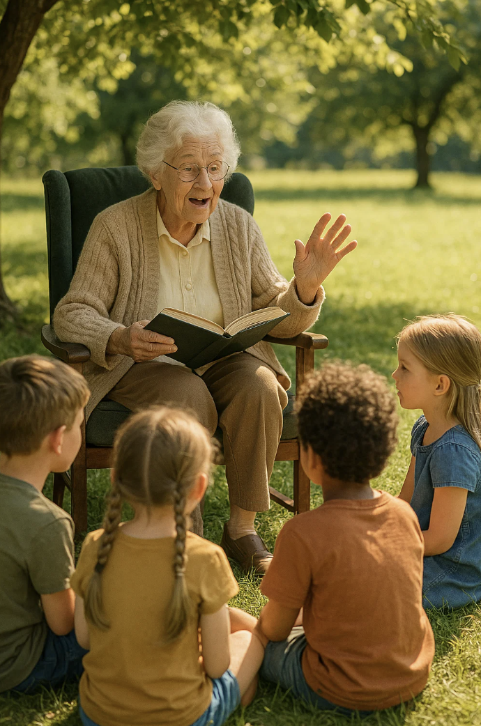Une grand mère raconte une histoire à des enfants dans le jardin pour la journée des personnes agées