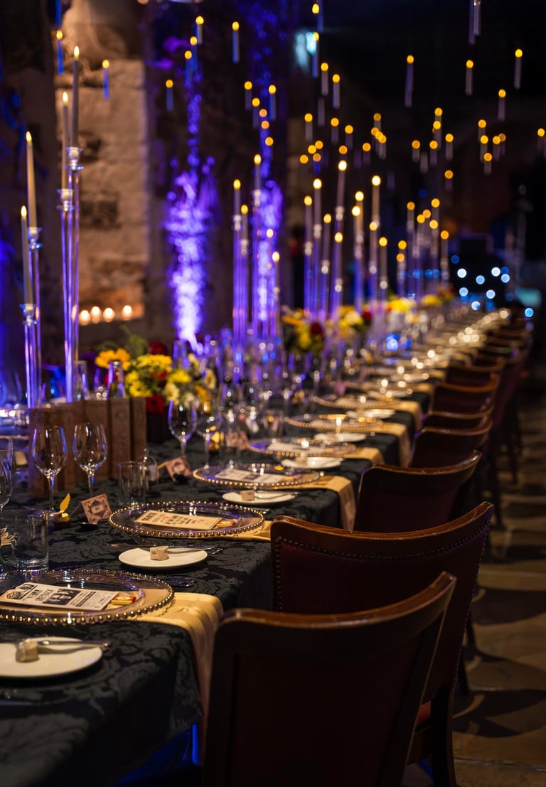 Close-up of luxury dinner table setup with candles and flowers, Fred Art Studio.
