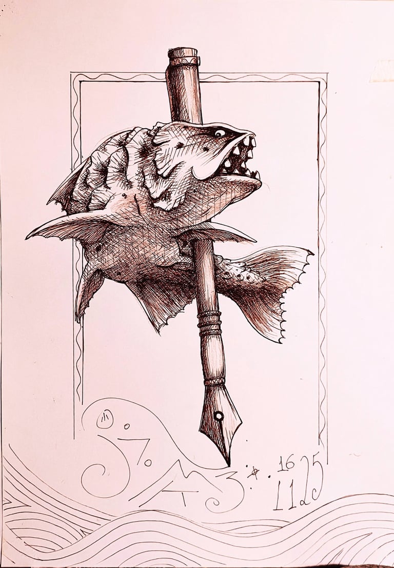 Estudo de um peixe estilizado, protegendo tinteiro e com adornos com base no grafismo tupi,  do Jaum em 2025