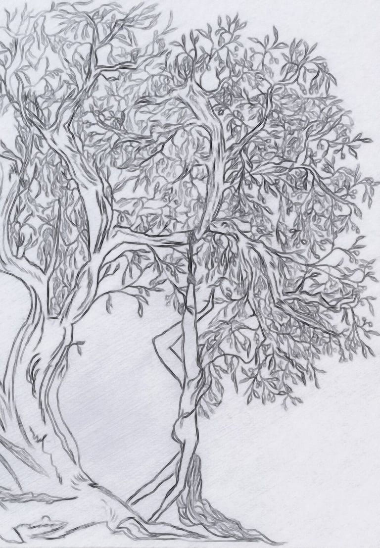 Dibujo a lápiz 'El Olivo' de Óscar Ocaña: Suspensión inversa Shibari del tobillo a una rama centenaria, estética orgánica