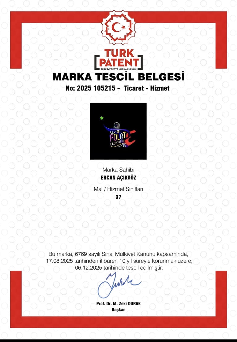 Polat Elektrik Türk Patent ve Marka Kurumu Tescil Belgesi - No: 2025 105215