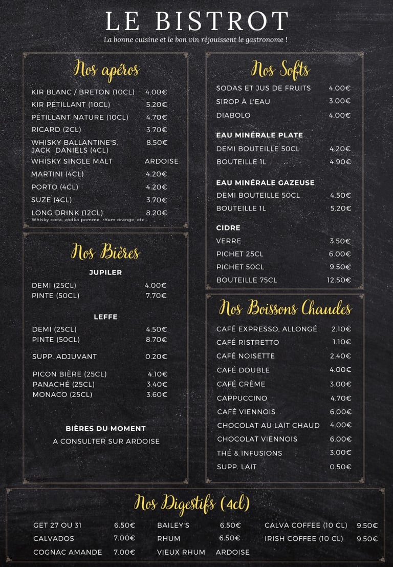 carte des boissons du restaurant Le Bistrot