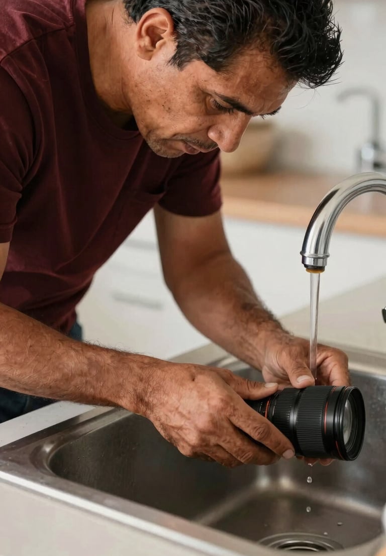 Medium close-up of a Hispanic tradesman in his 40s, hands-on, repairing a leaking sink in a modern kitchen, focused work under natural light, deep earth tones, sharp focus, 35mm lens.