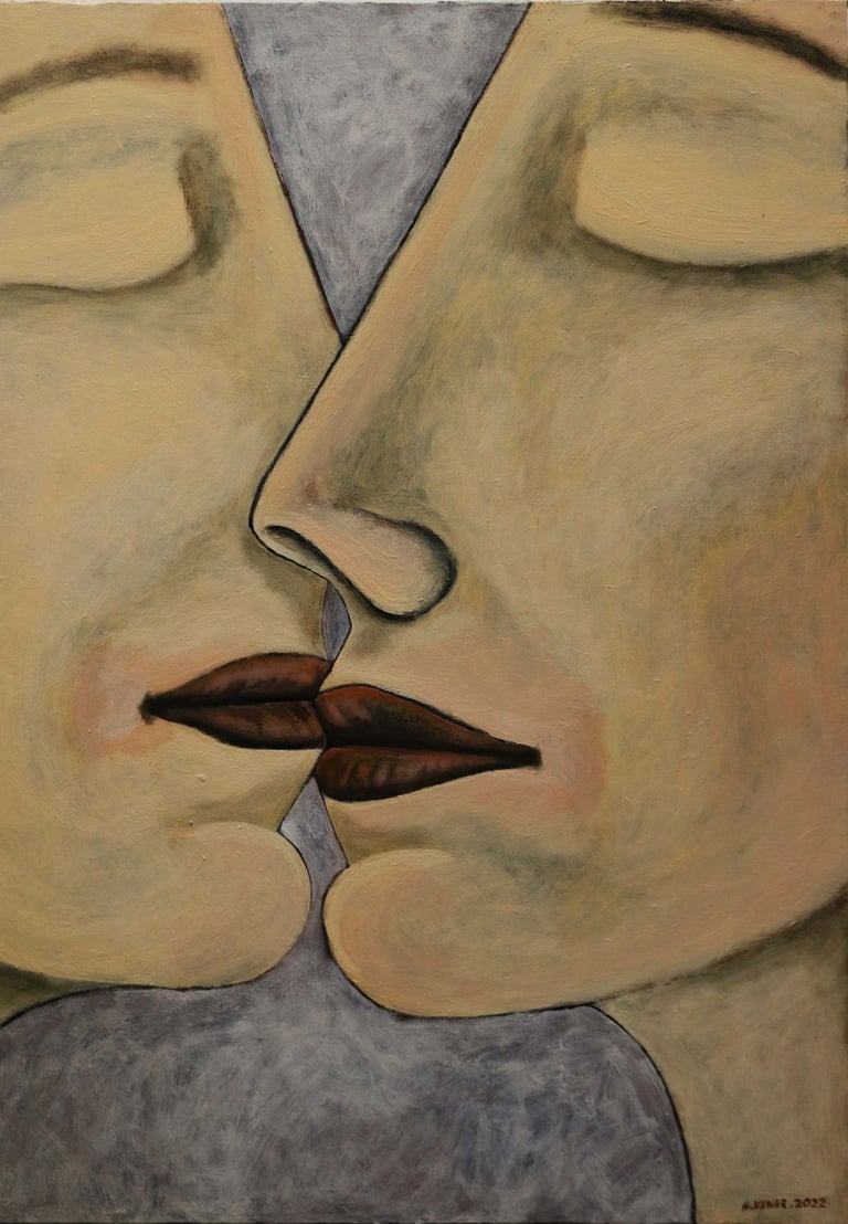 Hesham Nawar, kiss in fog, acrylic on canvas.