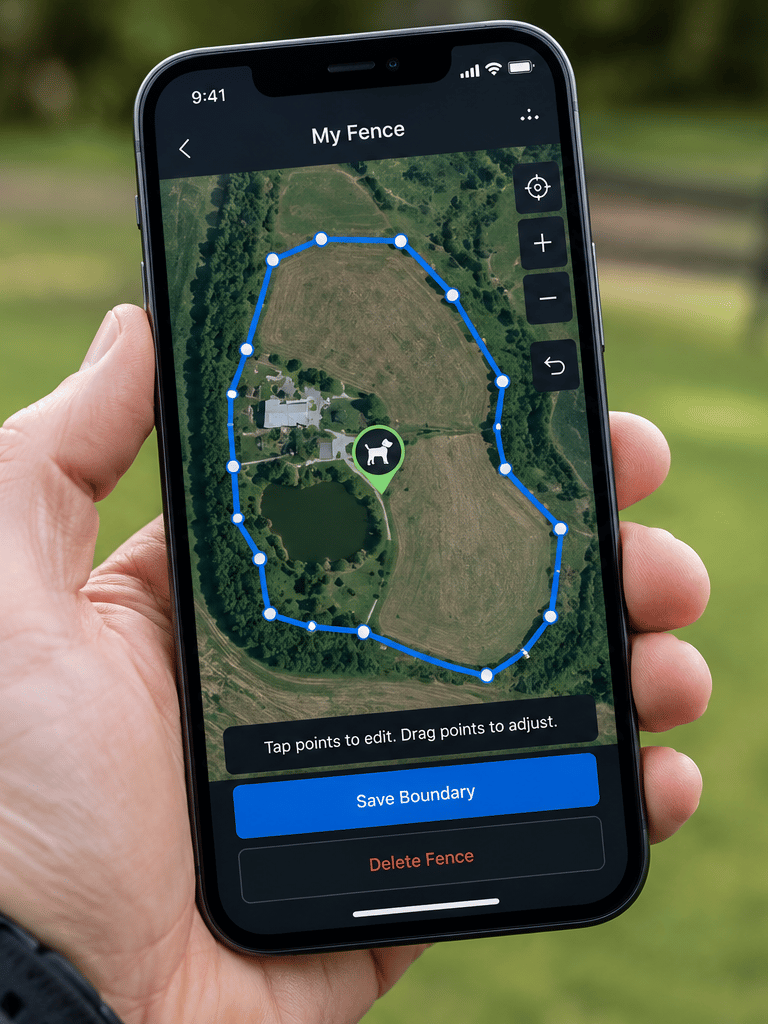 Hand holding smartphone displaying GPS boundary map for custom dog fence and property tracking.