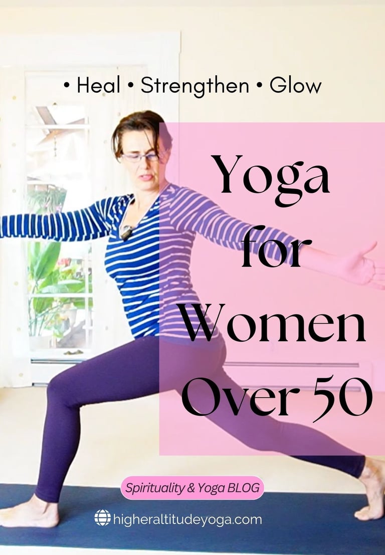 A woman over 50 practicing yoga in Warrior II pose to heal, strengthen, and glow.