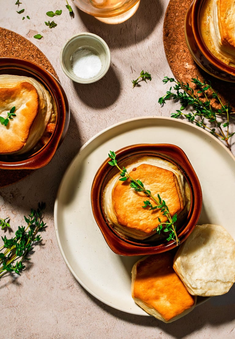a bowl of soup topped with a biscuit and a bowl of salt