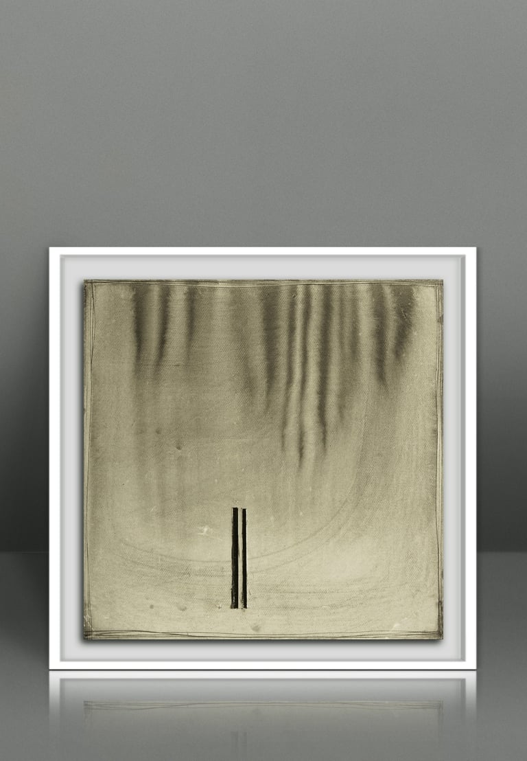 Framed minimalist abstract art piece with vertical lines and textured sepia tones.