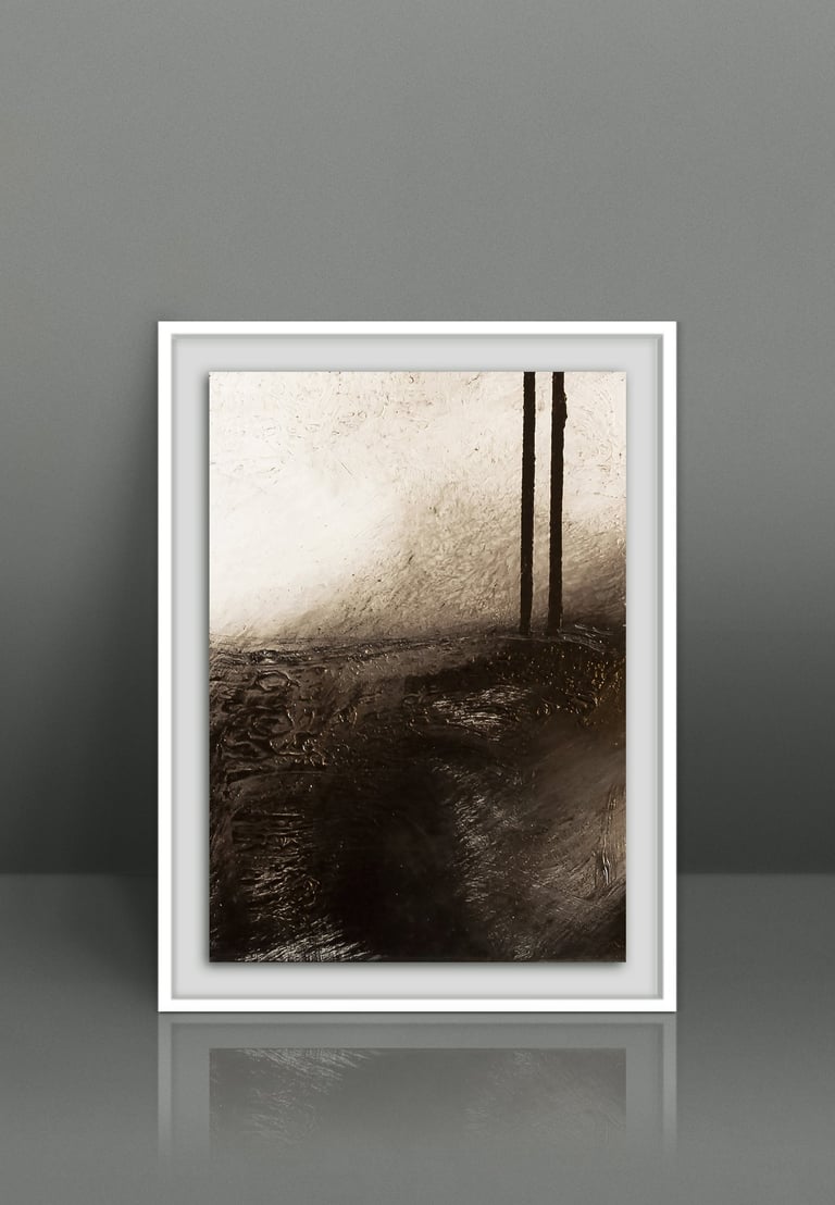 Framed minimalist abstract landscape painting in sepia tones featuring dark textured ground and two vertical lines.