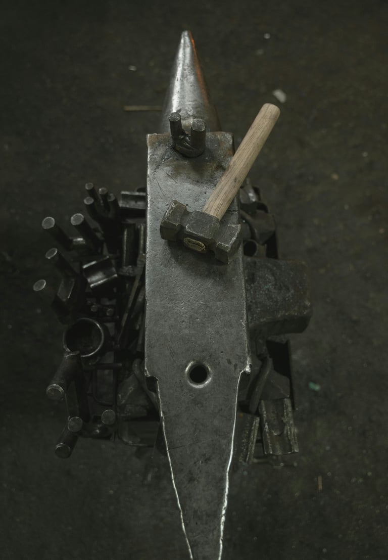 Overhead view of a traditional metal forging anvil and blacksmith hammer in a dark workshop.