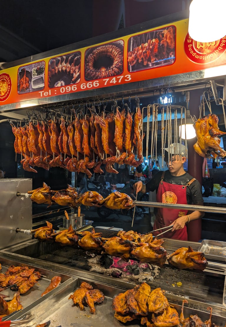 charcoal grilled rotisserie chickens in Phnom Penh, Cambodia