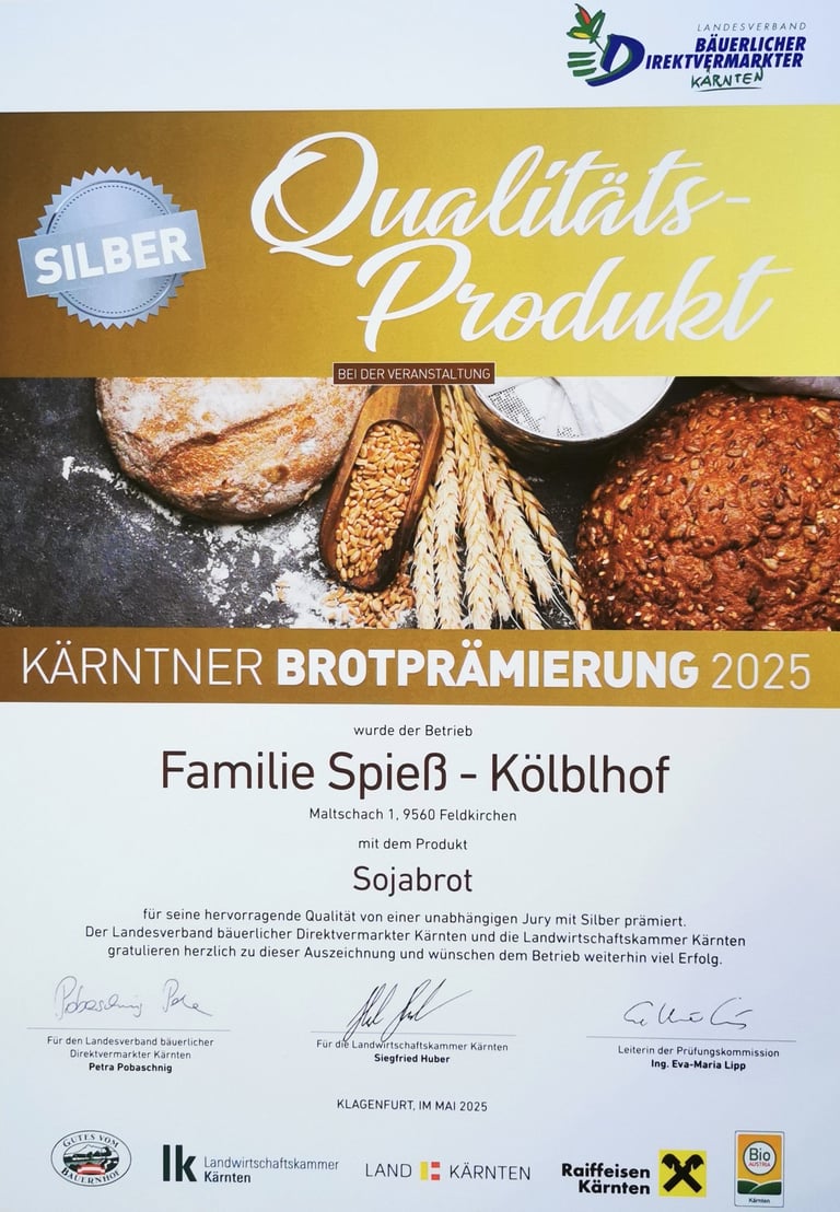 Kölblhof Sojabrot Silber bei der Kärntner Brotprämierung 2025