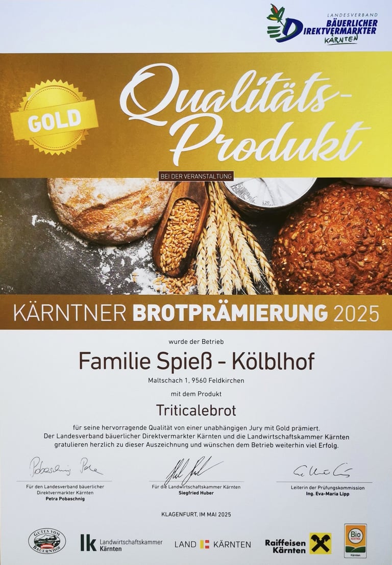 Kölblhof Triticalebrot Gold bei der Kärntner Brotprämierung 2025