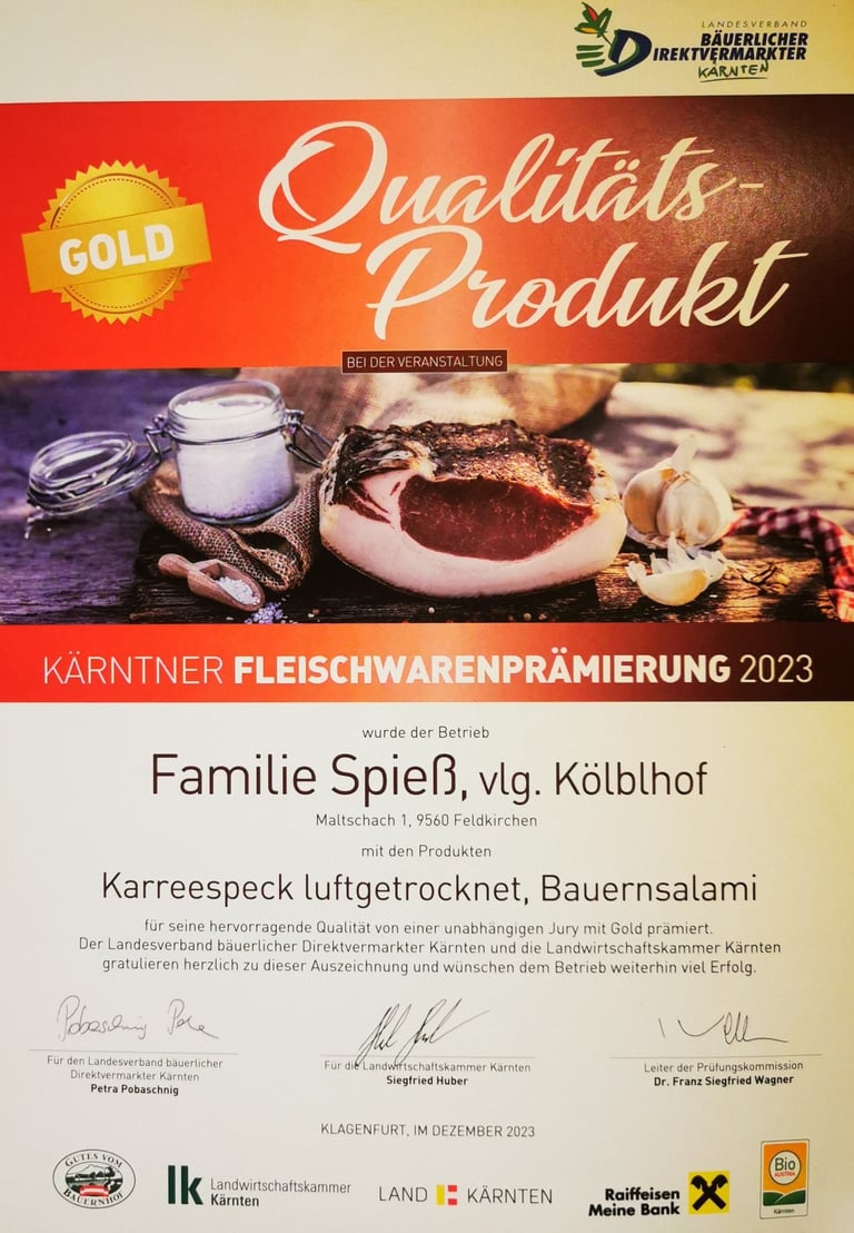Kölblhof Bauernsalami und Karreespeck luftgetrocknet Gold bei den Fleischwarenprämierungen 2023