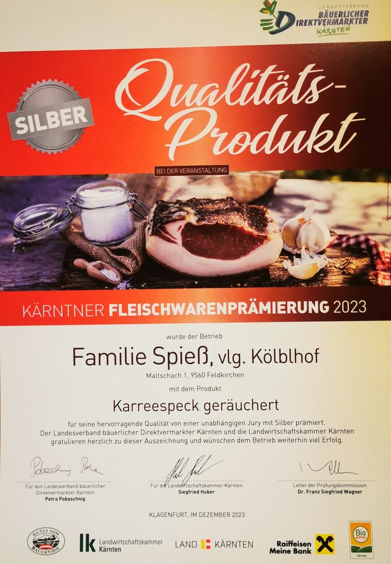 Kölblhof Karreespeck Silber bei den Fleischwarenprämierungen 2023