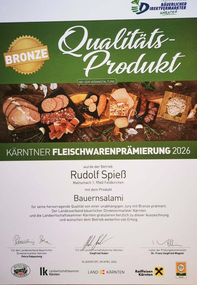 Kölblhof Bauernsalami erreichte Bronze bei Kärntner Fleischwarenprämierung 2026