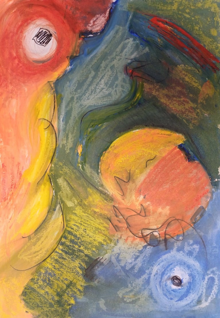 Tidal — red, yellow and blue circular forms suggesting tidal or planetary movement, by Zanda