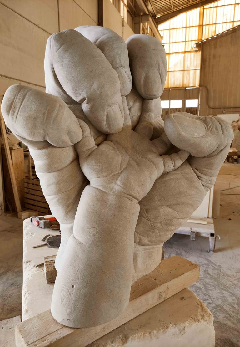 Giant stone sculpture of a baby's hand nestled inside a large adult hand in an artist's workshop.