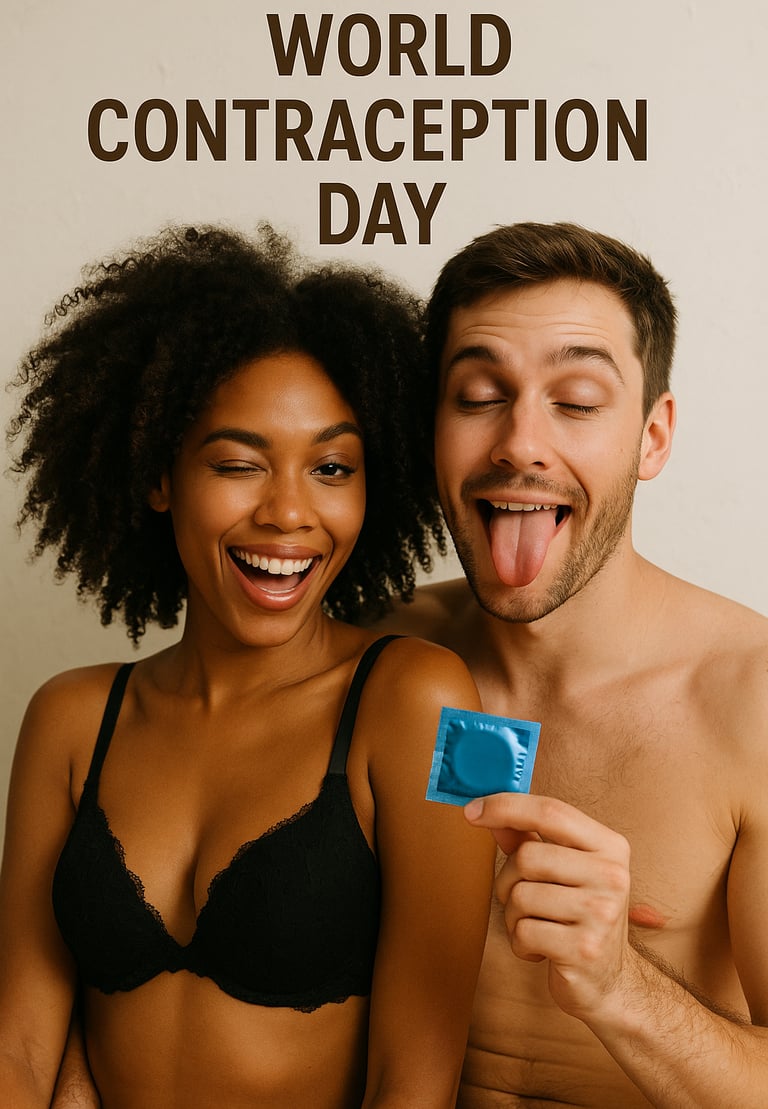 Un couple avec un préservatif pour la journée mondiale de la contraception