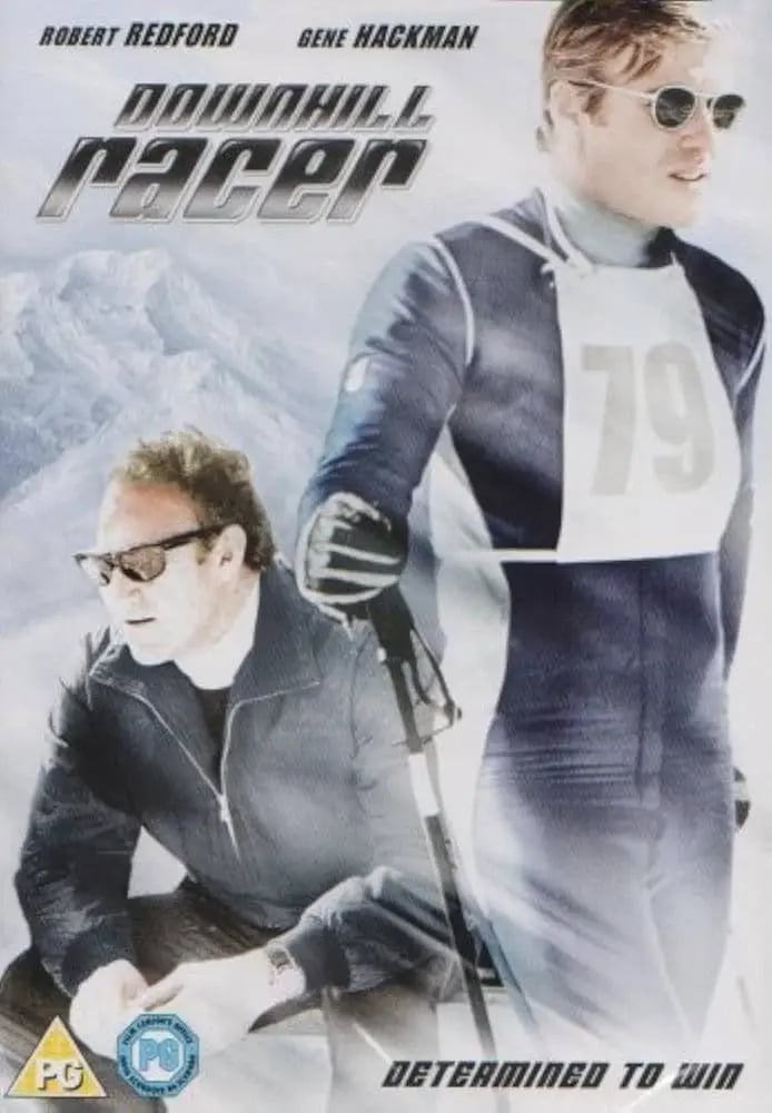 a man in a suit and sunglasses on a poster of film downhill racer with robert redford in portillo