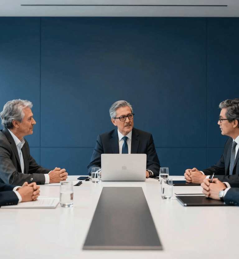 High-level strategic meeting in a minimalist boardroom in a Latin American business district, sharp lighting, midnight blue and snow white color palette, professional and authoritative atmosphere.