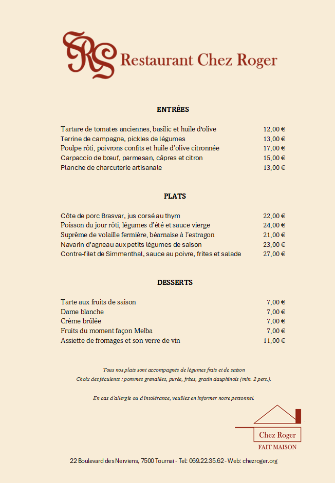 French menu for Restaurant Chez Roger in Tournai featuring entrees, main courses, and desserts.