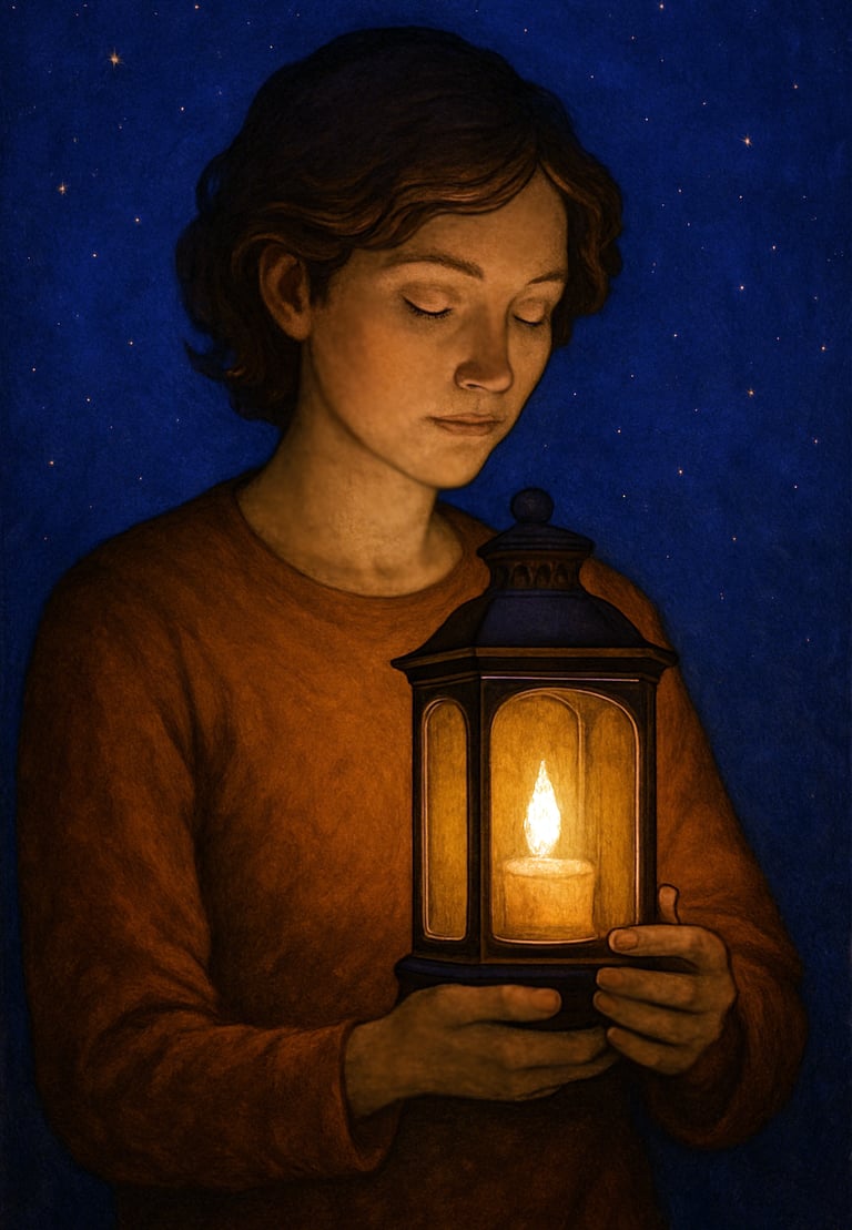 A young person stands under a starry sky, gently cradling a glowing lantern, a single flame mirrored