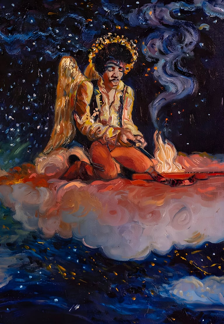 Jimi Hendrix setting his guitar on fire