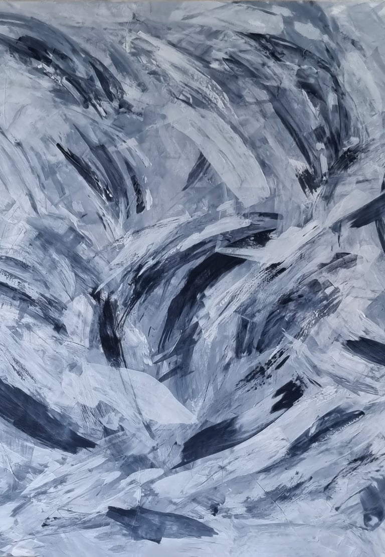 Modern abstract expressionist painting featuring sweeping black and grey brushstrokes on a white canvas.