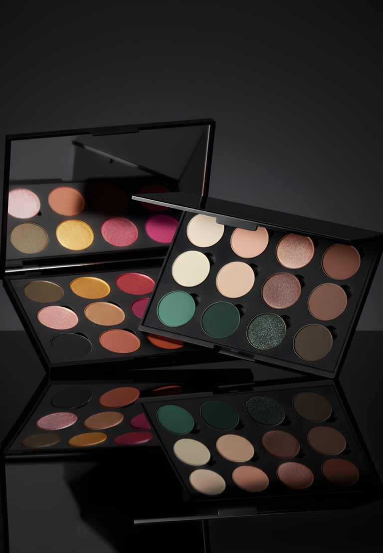Two professional eyeshadow palettes with matte and shimmer shades reflecting on a dark surface.
