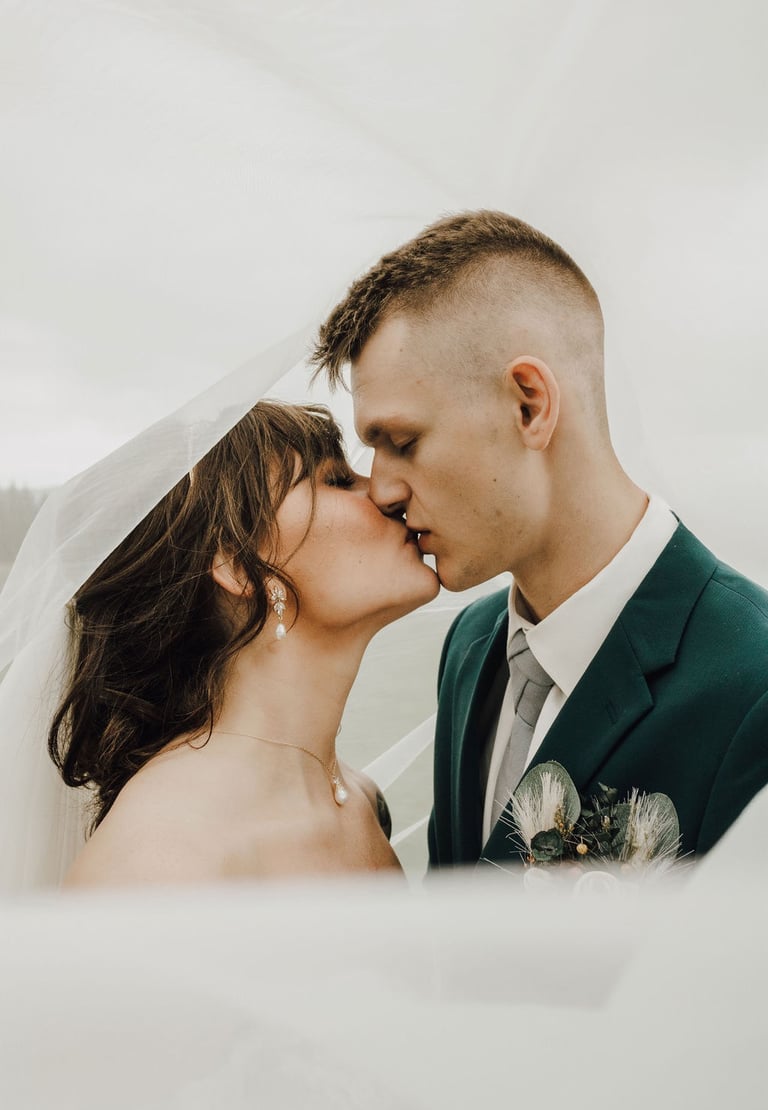 bride and groom portrait, kissing, under the veil shot