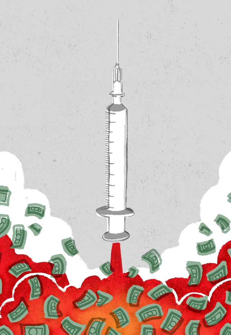 a vaccine imitating a rocket takes off while a lof of money bills fly