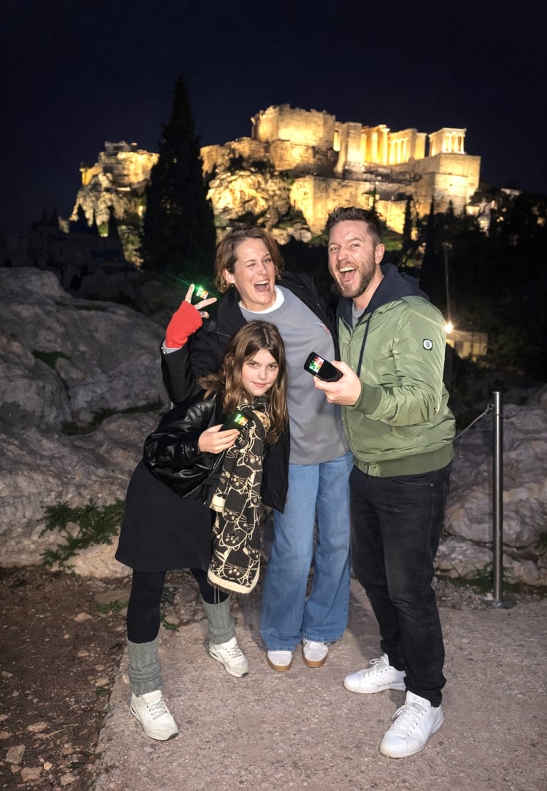 A family having fun on the Athens Ghost Tour who are smiliing and having fun