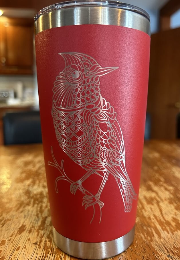 laser engraved drink tumbler with bird