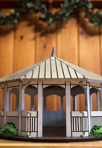 laser cut and painted wooden model of Palmerton Park gazebo