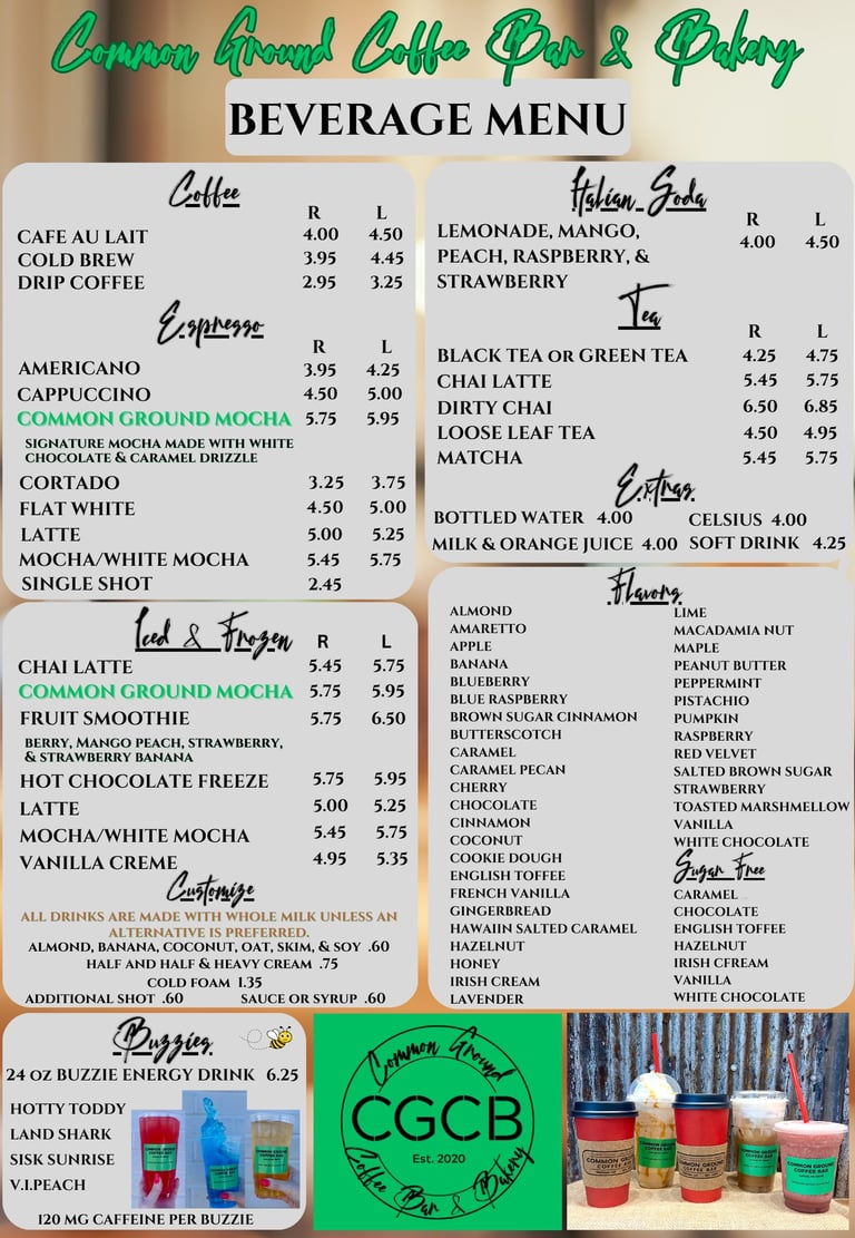 Browse the menu at Common Ground Coffee Bar & Bakery and find your perfect coffee and pastry pairing