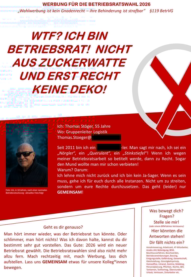 Es ist ein Flyer von Thomas Stöger zu sehen. Darauf wirbt er für die Betriebsratswahlen 2026