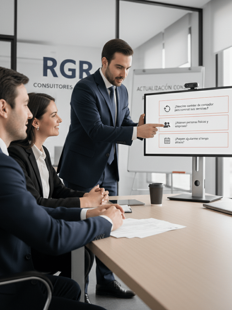 Reunión de consultores revisando servicios contables y fiscales en sesión de trabajo.