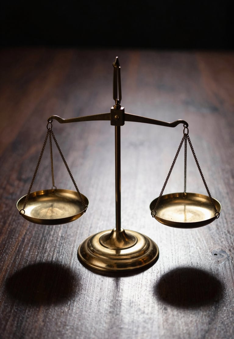 Tight macro shot of a stylized scales of justice in polished brass on a dark wooden desk, dramatic chiaroscuro lighting, deep shadows, sharp focus.