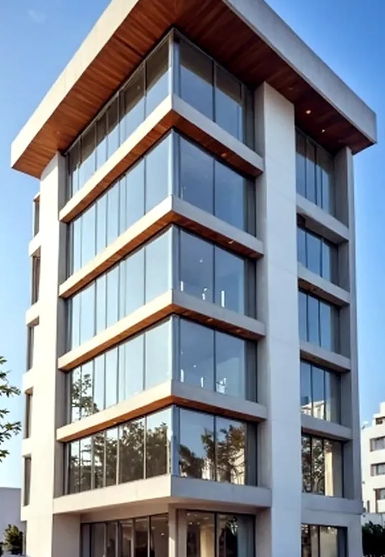 Edificio residencial contemporáneo de seis plantas con voladizos acabado madera