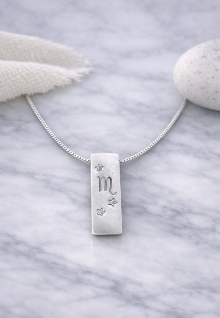 Handmade 999 silver Scorpio zodiac necklace with a vertical bar pendant on a marble surface.