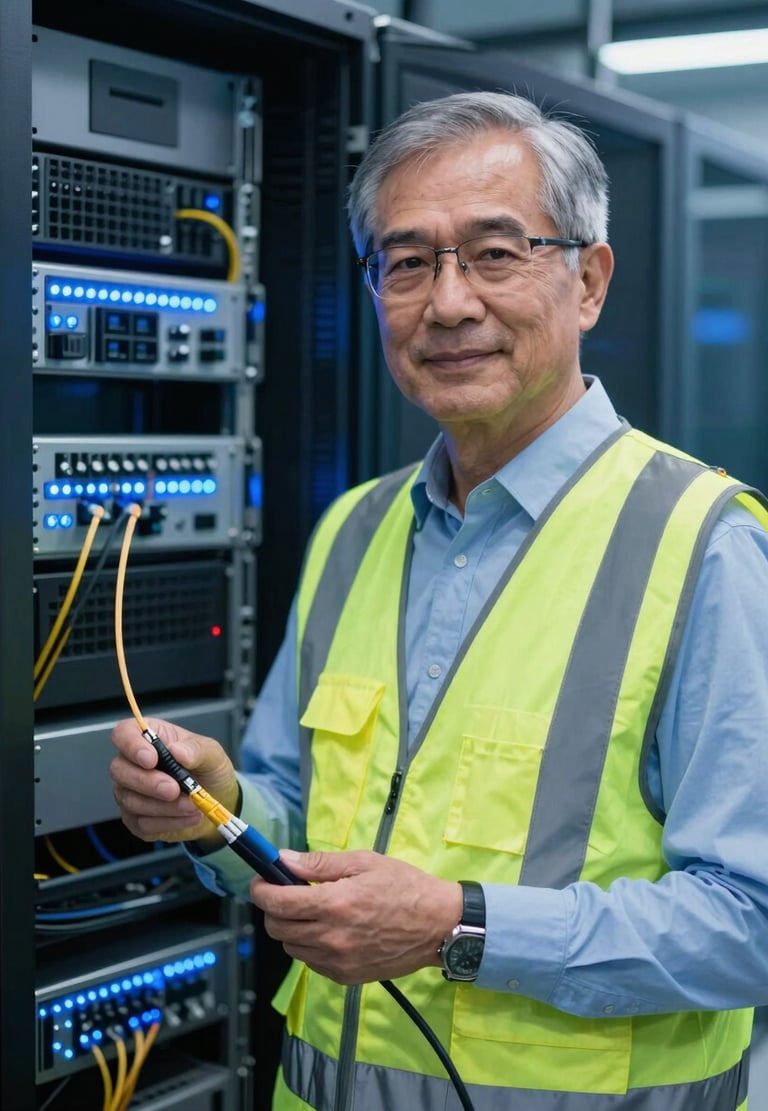 A professional editorial portrait of a senior Singaporean IT infrastructure engineer in a high-visibility safety vest, holding a fiber optic patch cable, cool technical blue LED server rack lighting in the background, sharp details, 35mm lens.